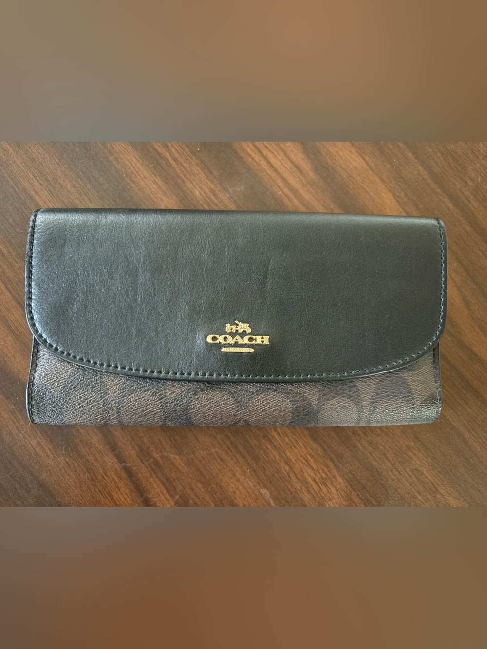 Coach Black Leather and Brown Signature Continental Wallet